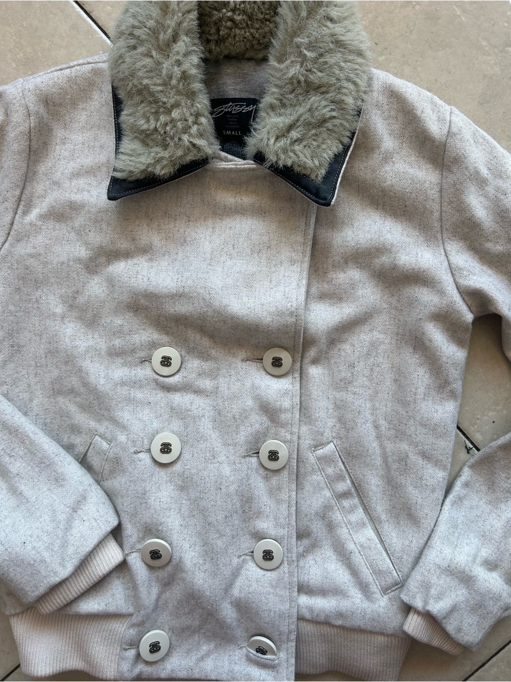 Stussy Woman’s Cream Double-Breasted Coat with Faux Fur Collar